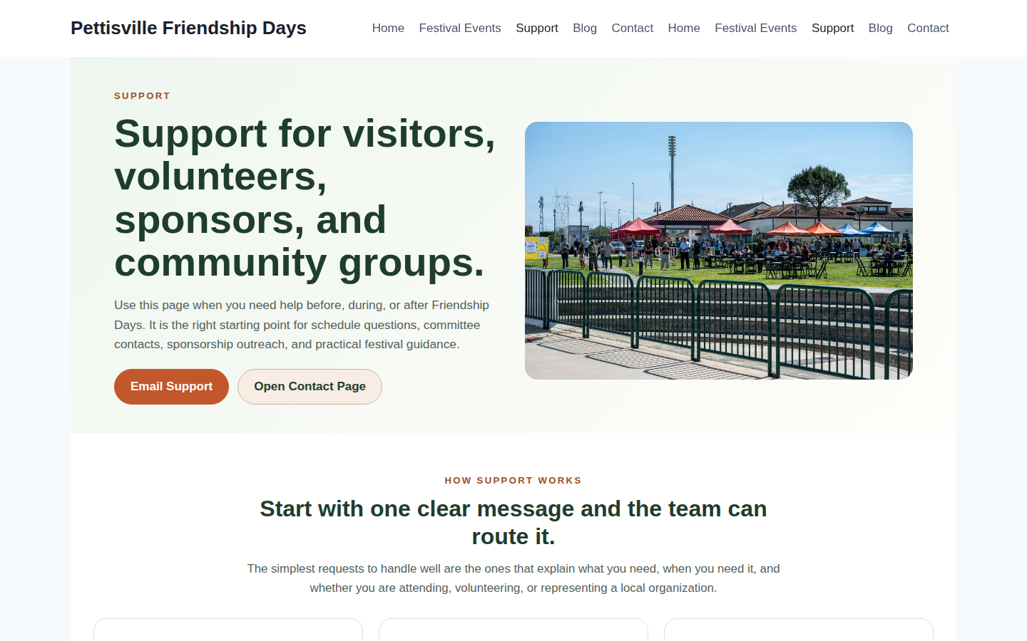 Screenshot of the Friendship Days support page with support and contact options.